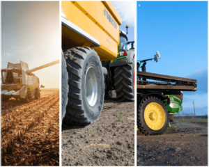 A triptych image showcasing agricultural machinery. The left section features a combine harvester in a field during sunset, the center shows a close-up of a yellow agricultural trailer attached to a tractor, and the right section displays a green tractor with a harvesting attachment against a clear blue sky.